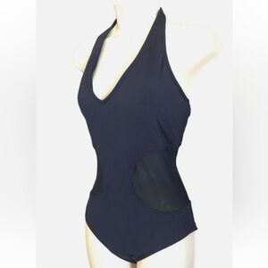 Anne Cole one piece navy blue mesh panel bathing suit and coverup shorts